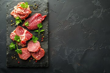 Overhead view of an assortment of raw meats including beef, chicken, and pork on a slate board, garnished with fresh parsley