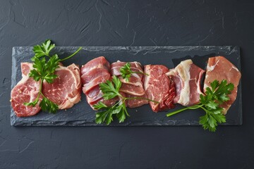 Overhead view of raw meat displayed with fresh parsley on a slate board - Powered by Adobe