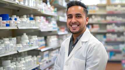 A pharmacist in a white lab coat smiling and posing confidently with shelves of medicine in the background