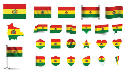 set of Bolivia flag, flat Icon set vector illustration. collection of national symbols on various objects and state signs. flag button, waving, 3d rendering symbols