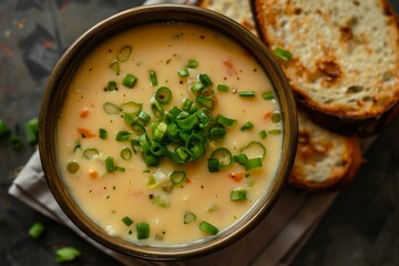 An overhead view of a bowl of soup filled with bread pieces and green onions as garnish