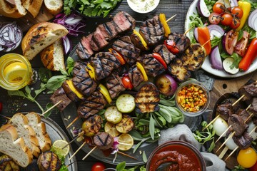 A variety of food items spread out on a table, showcasing a grilled feast ready to be enjoyed by diners