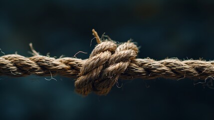 Close-up of a frayed rope barely holding together suspense and danger looming against a stark - obrazy, fototapety, plakaty