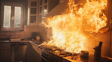 Close-up of a kitchen disaster with fire spreading across the room