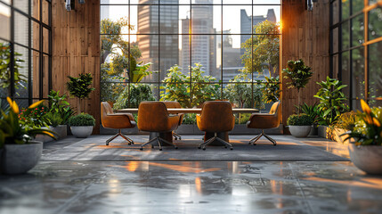Fototapeta premium A modern office space bathed in natural light, showcasing sleek furniture and innovative technology