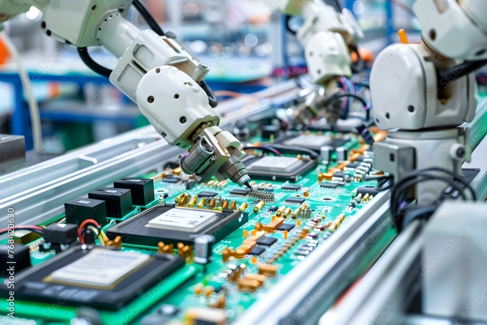 Poster robotic arms in action: automated pcb assembly in cutting-edge electronics manufacturing facility. c