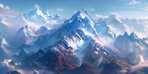 An expansive digital art piece capturing the power of a rugged mountain range, with vibrant skies and moody lighting