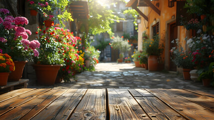 Empty Table Surface Closeup with Abstract Blurred Mediterranean Courtyard Background