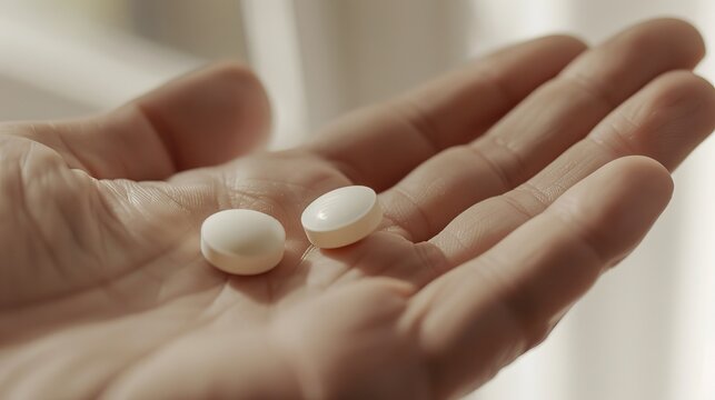 Close-up view of two white pills resting on the palm of an outstretched hand
