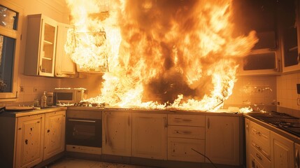 Intense interior view of a home kitchen in flames - obrazy, fototapety, plakaty