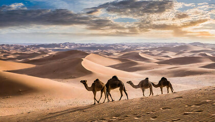 Image material of a camel walking in the desert. - obrazy, fototapety, plakaty