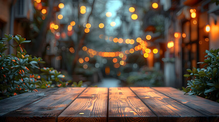 Empty Wooden Table Surface Closeup with Blurred Urban Street Market Background for Studio Photography