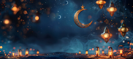 Ramadan Islamic greeting card with crescent moon decoration, lanterns, and copy space banner.