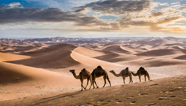 Image material of a camel walking in the desert.