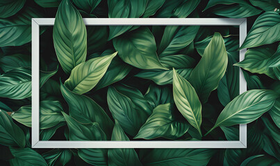Spathiphyllum cannifolium concept, green abstract texture with white frame, Generative AI