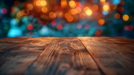 Empty Wooden Table Surface with Blurred Carnival Funfair Bokeh Lights in the Background,Perfect for Photo or Event Concepts