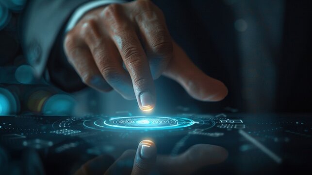 A close-up of a businessman's hand, with a holographic fingerprint glowing on his fingertip as he taps it on a glass surface, conveying security and technology