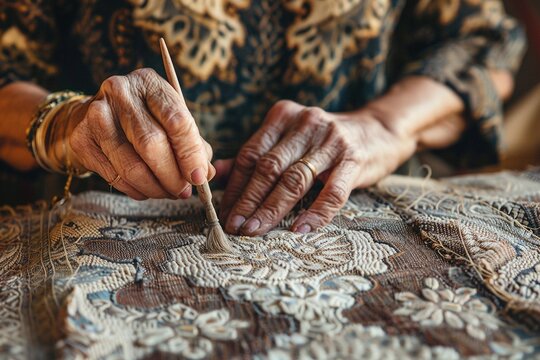 A close-up of a woman's hands crafting intricate textile patterns