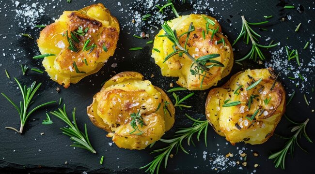 Crushed, smashed potatoes baked with rosemary and thyme. Black background. Top view.