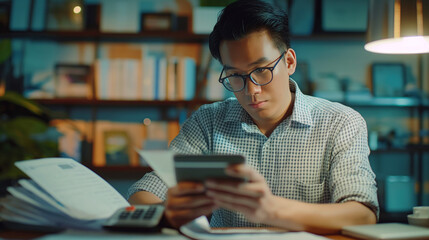 financial, Planning, Marketing and Accounting, portrait of Asian employee checking financial statements using and calculator, tablet computer and smart phone at work. High detailed - obrazy, fototapety, plakaty