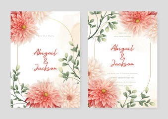 Pink chrysanthemum artistic wedding invitation card template set with flower decorations