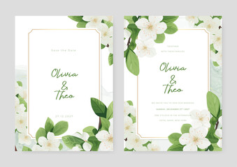 White orchid wedding invitation card template with flower and floral watercolor texture vector
