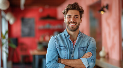 full length Casually handsome. Confident young handsome man in jeans shirt keeping arms crossed and smiling while standing against on Coral color background professional. - Powered by Adobe