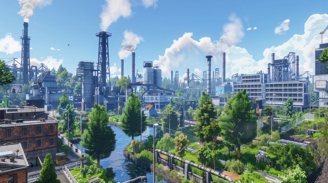 Smokestacks rise high into the sky contrasting with the vibrant greenery and modern buildings that have been seamlessly integrated into the industrial complex.