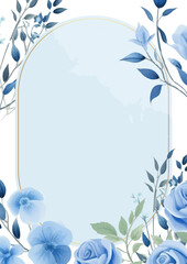 Blue and white watercolor hand painted background template for Invitation with flora and flower
