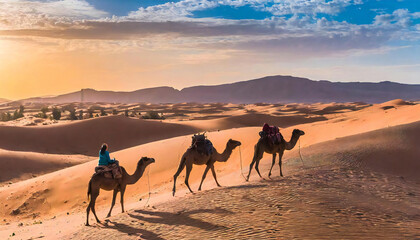 砂漠の中を歩くラクダのイメージ素材。Image material of a camel walking in the desert.