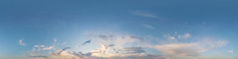 Dark blue sunset sky panorama with pink Cumulus clouds. Seamless hdr 360 panorama in spherical...