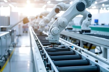 Hightech robotic arms in an automated assembly line at an electronics factory. Concept Robotic Arms, Automation Technology, Electronics Production, High-Tech Assembly Line