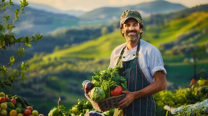 A happy chef, full of zest, harvesting organic vegetables against the backdrop of rolling hills, reminiscent of the pastoral landscapes of the Hudson River School - obrazy, fototapety, plakaty