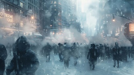 A bustling city square in the midst of a winter storm with people bundled up in heavy coats and scarves hurrying through the snow. Steam rises from the street vents adding - obrazy, fototapety, plakaty