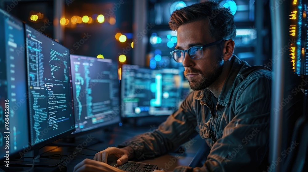 Poster cybersecurity expert is deeply engaged in malware analysis in a high-tech workspace. equipped with a