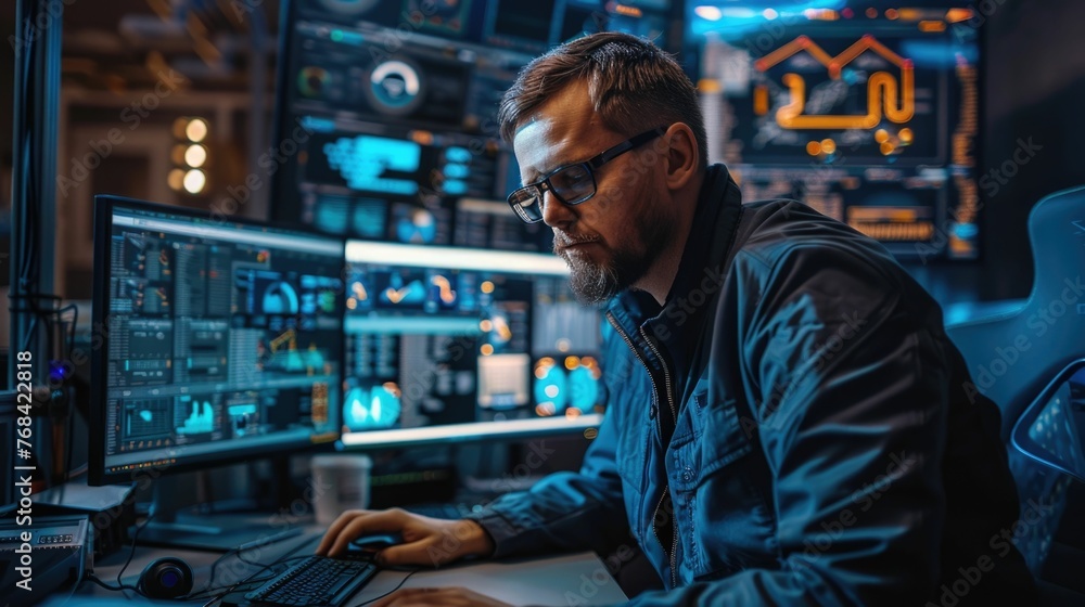 Poster cybersecurity expert is deeply engaged in malware analysis in a high-tech workspace. equipped with a