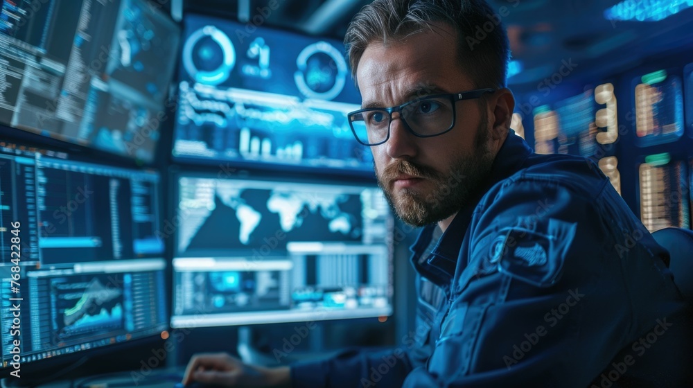 Aufkleber cybersecurity expert is deeply engaged in malware analysis in a high-tech workspace. equipped with a