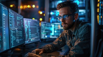 Cybersecurity expert is deeply engaged in malware analysis in a high-tech workspace. Equipped with advanced technology and tools, the expert carefully examines data on multiple screens to ensure