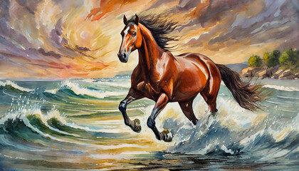 Chestnut horse galloping on shore, fragment of painting - obrazy, fototapety, plakaty