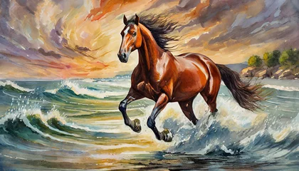 Fototapete Höhenskala Chestnut horse galloping on shore, fragment of painting