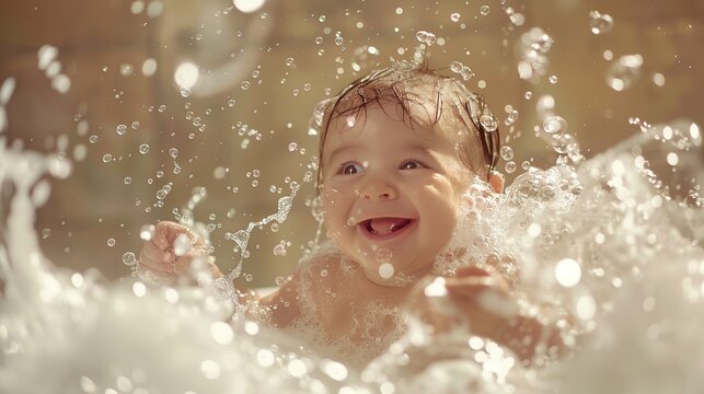 A tranquil moment of a baby boy playing with soap bubbles in a warm bath, presented through the lens of reality