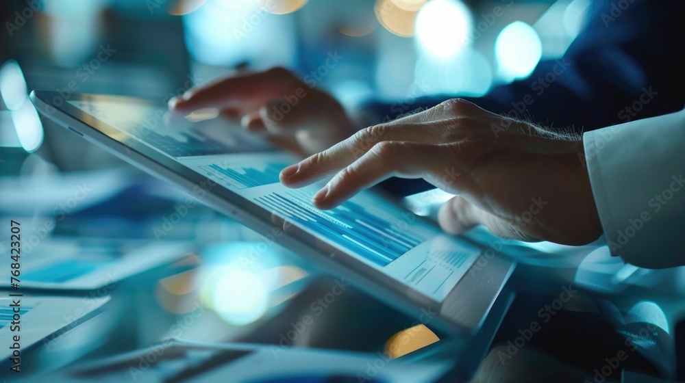 Poster a man in a suit is writing on a tablet with a pen. he is focused on his finance work and he is in a 