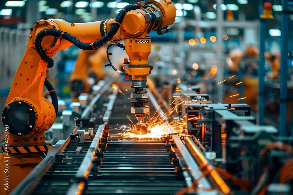 Poster precision electronics assembly in a high-tech manufacturing plant using robotic arm. concept robotic