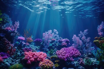 A colorful coral reef with many different types of fish and plants
