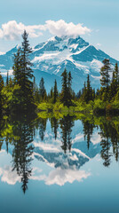 This beautiful image captures a snow-capped mountain and dense forest perfectly reflecting on the still waters of a serene lake
