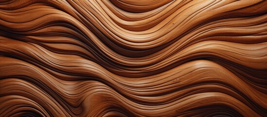 A close up of a brown wooden surface with a peach swirl pattern resembling a landscape, showcasing symmetry and artistry in the grain of the wood