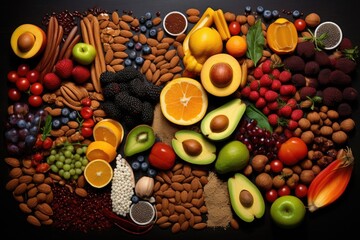 A colorful assortment of fruits and vegetables, including apples, oranges