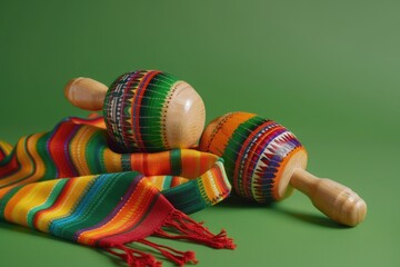 Two wooden maracas are on top of a colorful cloth