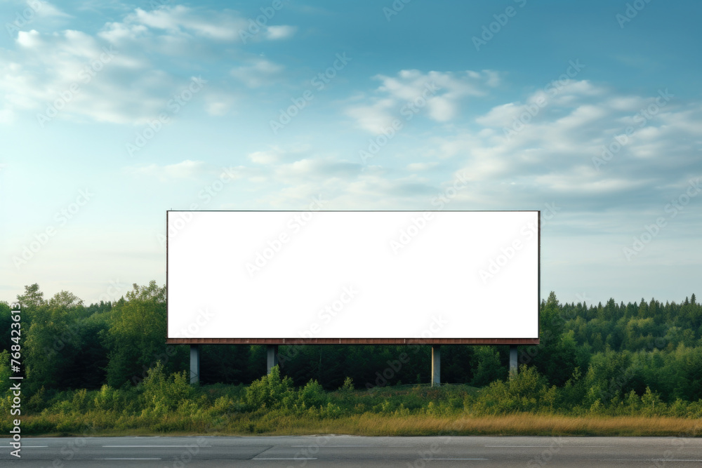 Poster a large billboard sits in a field with trees in the background