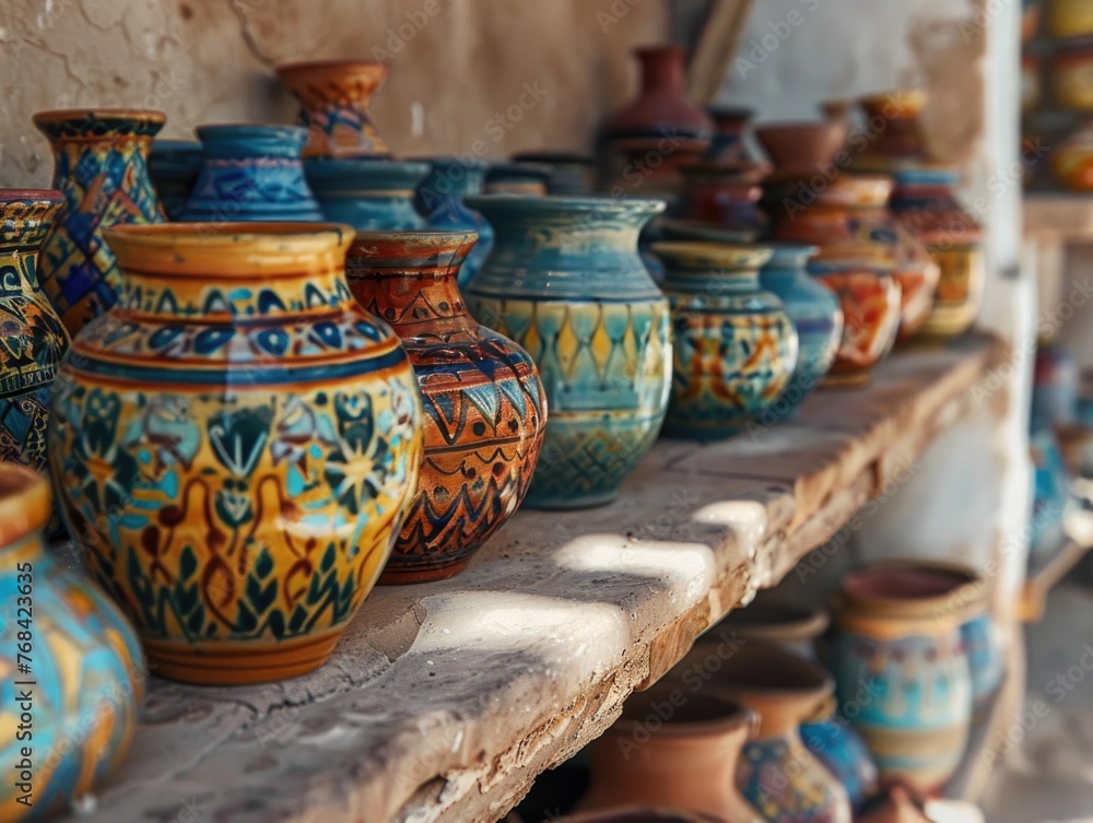 Poster a shelf full of colorful vases with different designs and patterns